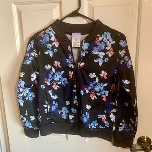 adidas Black Floral Kids' Bomber Jacket with Blue & Red Accents